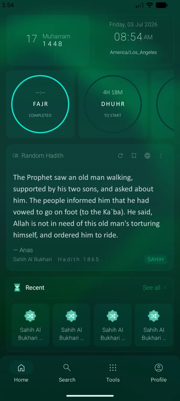 Al Islam home screen — prayer times, a daily hadith and recent reads