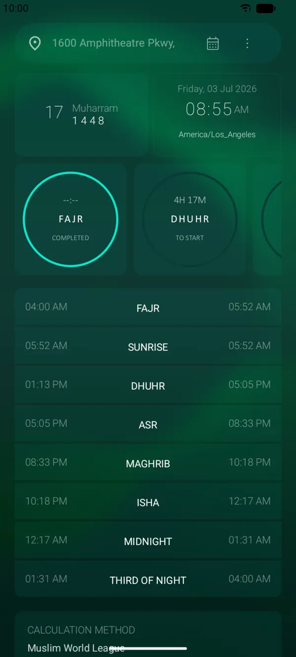Accurate prayer times — Precise timings for your location, tuned to your calculation method.